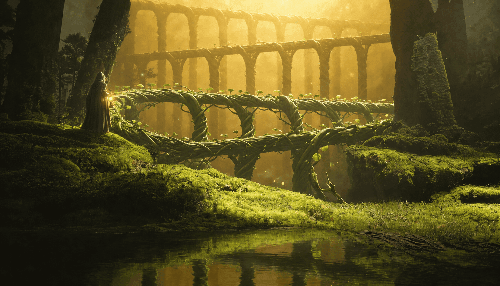A lone figure walking toward a beanstalk bridge in a misty forest
