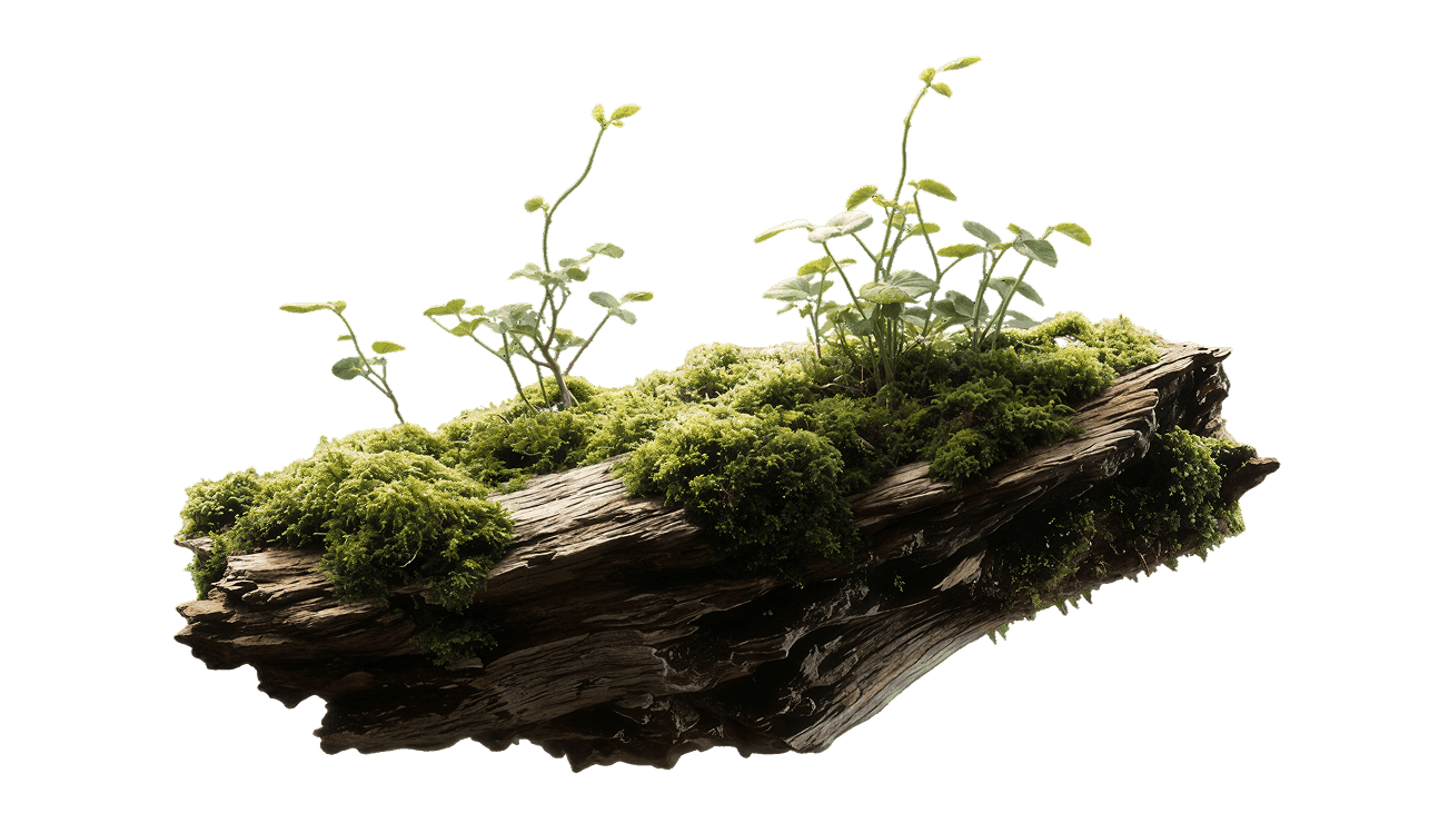 A moss-covered log floating above the card, sprouting new growth